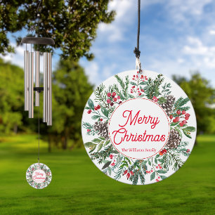 merry christmas winter greenery red script holiday wind chime