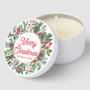 merry christmas winter greenery retro red script  mini candle favors
