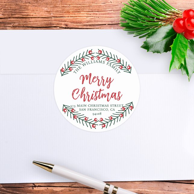 Merry Christmas Winter Greenery Return Address Classic Round Sticker (Creator Uploaded)