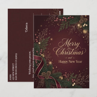 Merry Christmas Winter Greeting Happy New Year Red Postcard
