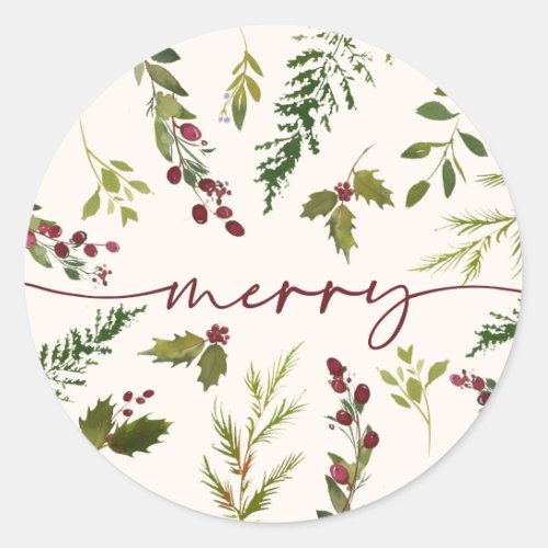 Merry Christmas Winter Holly Berry Greenery Classic Round Sticker