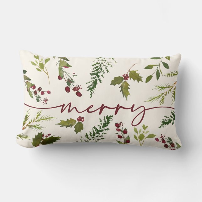 Merry Christmas Winter Holly Berry Greenery  Lumbar Pillow (Front)