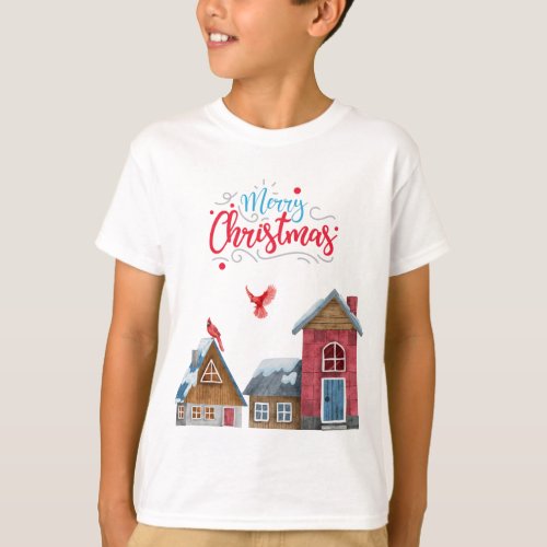 MERRY CHRISTMAS WINTER HOUSES RED CARDINAL BIRDS T_Shirt