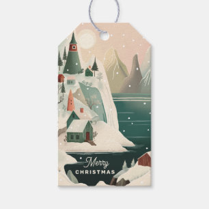 Merry Christmas Winter Mountain Village Scene Gift Tags