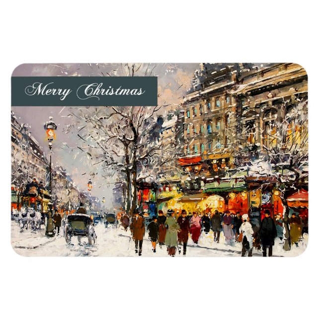 Merry Christmas. Winter Parisian Scene Magnet (Horizontal)