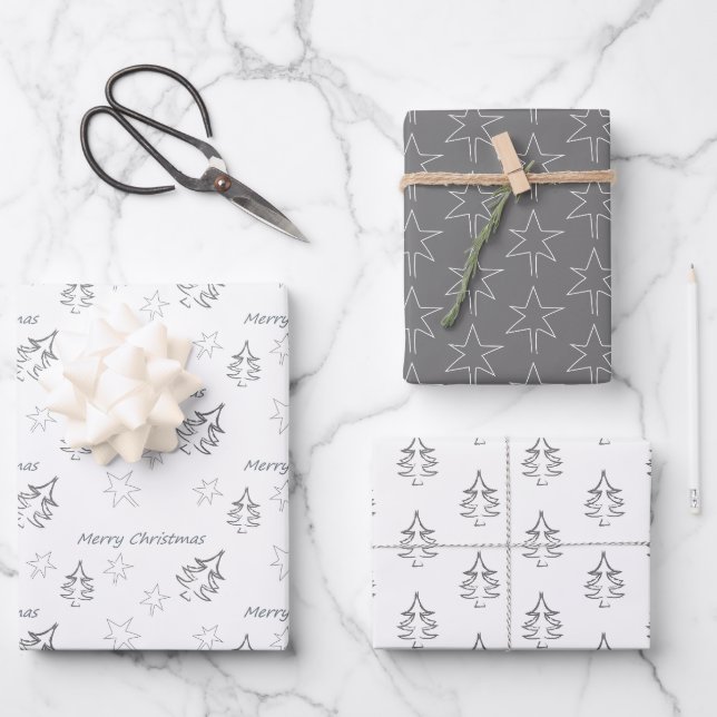 Merry Christmas Winter Pattern Gray Wrapping Paper Sheets (Front)