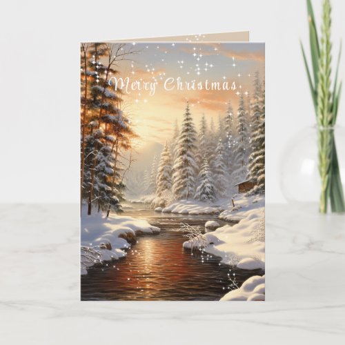 Merry Christmas Winter Pine Tree Forest River Sun Holiday Card