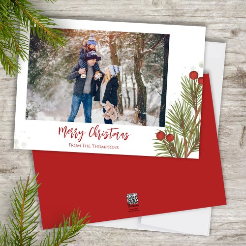 Merry Christmas Winter Red Holly Berries 1 Photo  Holiday Card