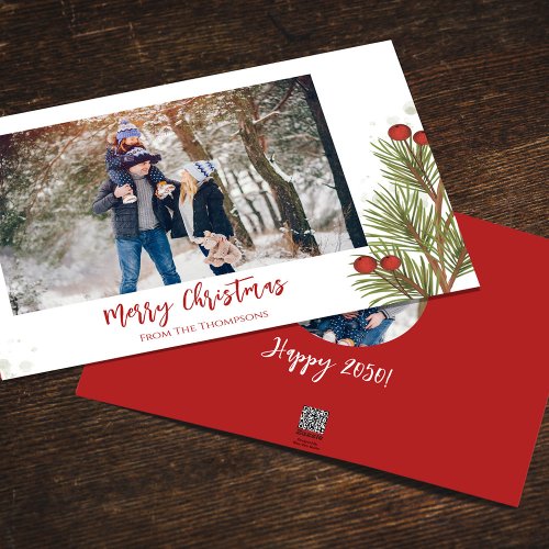 Merry Christmas Winter Red Holly Berries 2 Photo Holiday Card
