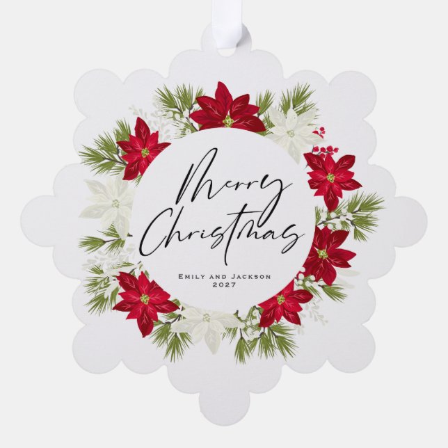 Merry Christmas Winter Red Poinsettia Wreath Ornament Card (Back)