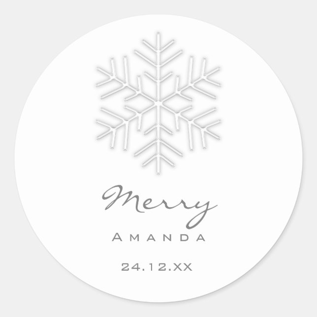 Merry  Christmas Winter Silver Gray Snowflake Classic Round Sticker (Front)