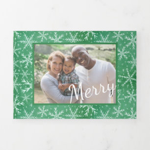 Merry Christmas Winter Snow Falling Green Photo Tri-Fold Holiday Card
