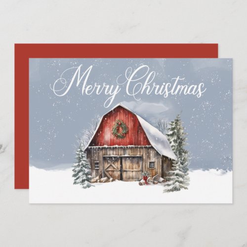 Merry Christmas Winter Snow Farm Barn Holiday Card