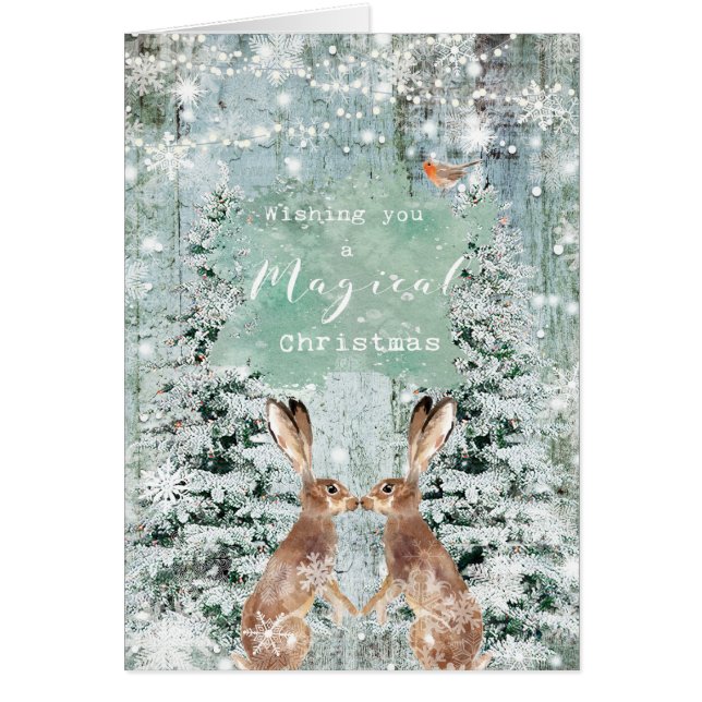 Merry Christmas winter snow hares card (Front)