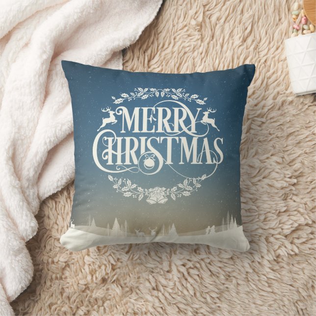 Merry Christmas Winter Snow Scene Throw Pillow (Blanket)