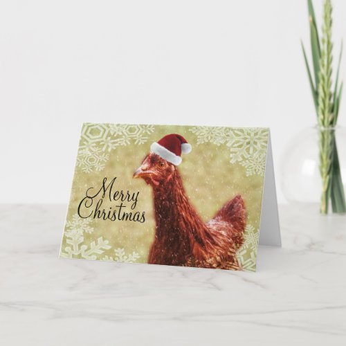 Merry Christmas Winter Snowflake Santa Chicken Holiday Card