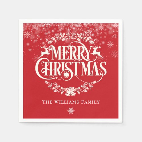 Merry Christmas Winter Snowflakes Family Name Napkins