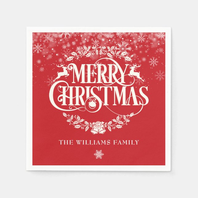 Merry Christmas Winter Snowflakes Family Name Napkins (Front)