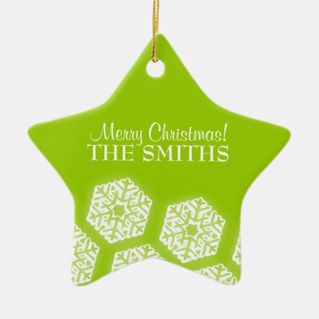 Merry Christmas Winter Snowflakes Lime Green Ceramic Ornament (Front)