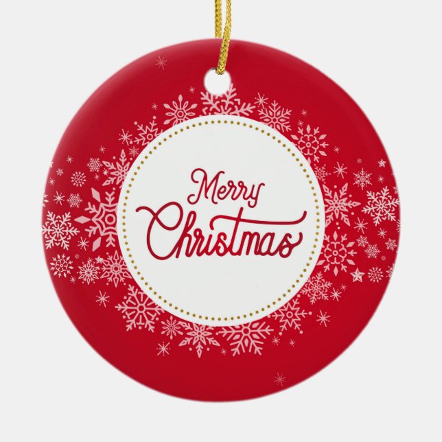 Merry Christmas Winter Snowflakes Red Festive Ceramic Ornament (Front)
