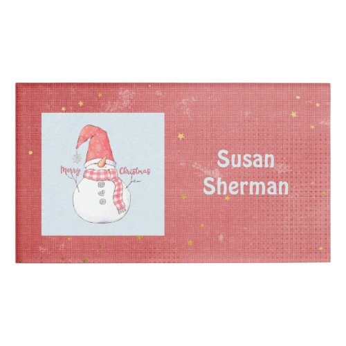 Merry Christmas Winter Snowman Plaid Scarf Holiday Name Tag
