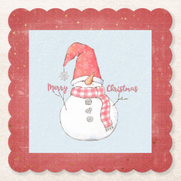 Merry Christmas Winter Snowman Plaid Scarf Paper Coaster