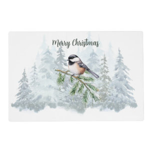Merry Christmas Winter Spruce Tree Chickadee Placemat