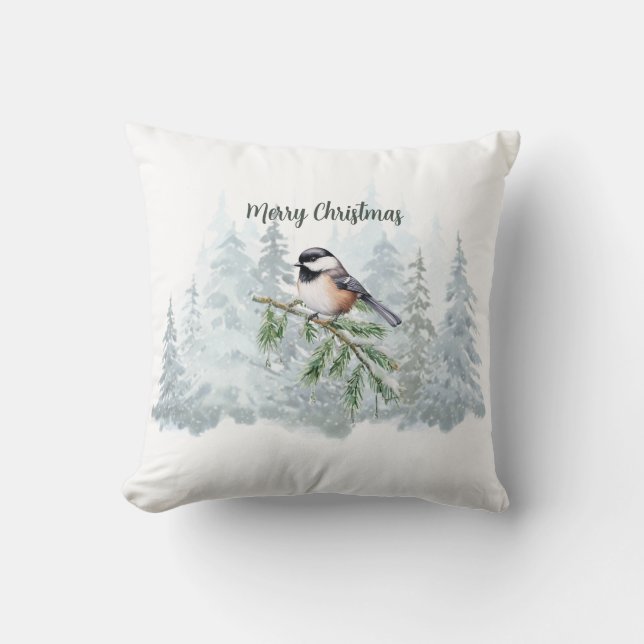 Merry Christmas Winter Spruce Tree Chickadee Throw Pillow (Front)