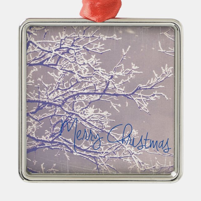 Merry Christmas Winter Tree Branches Metal Ornament (Front)