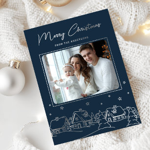 Merry Christmas Winter Village Hand Drawn Foil Holiday Card