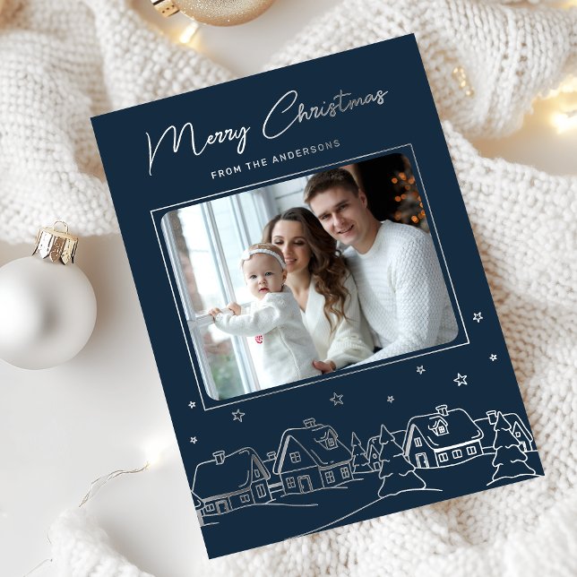 Merry Christmas Winter Village Hand Drawn Foil Holiday Card (Creator Uploaded)