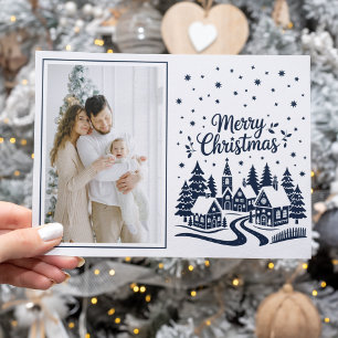 Merry Christmas Winter Village Night Letterpress Photo Cards