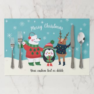 Merry Christmas Winter Woodland Animals Custom Paper Placemat