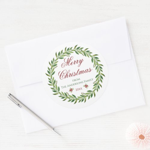 Merry Christmas Winter Wreath Family  Classic Round Sticker