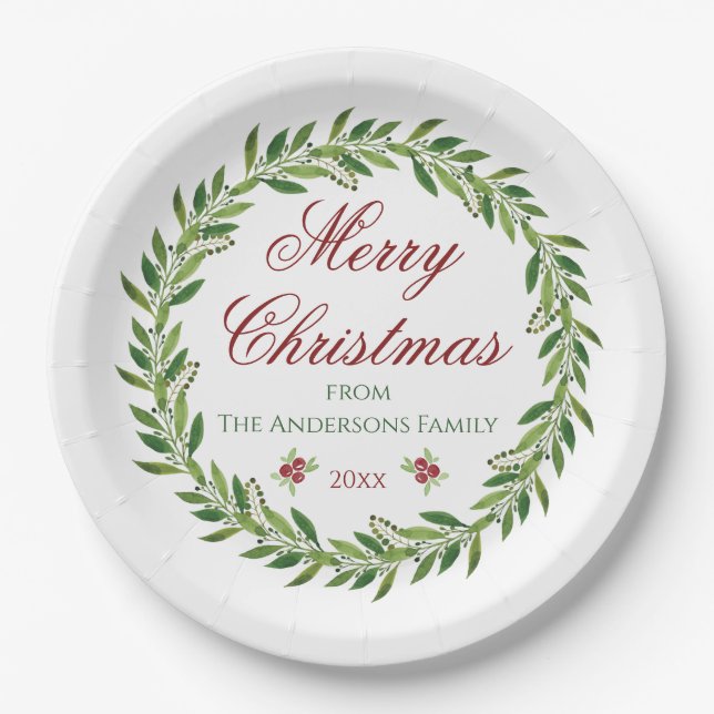 Merry Christmas Winter Wreath Family Paper Plates (Front)