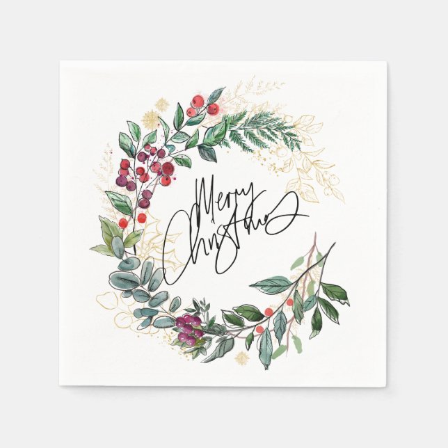 Merry Christmas Winter Wreath Holiday Napkins (Front)