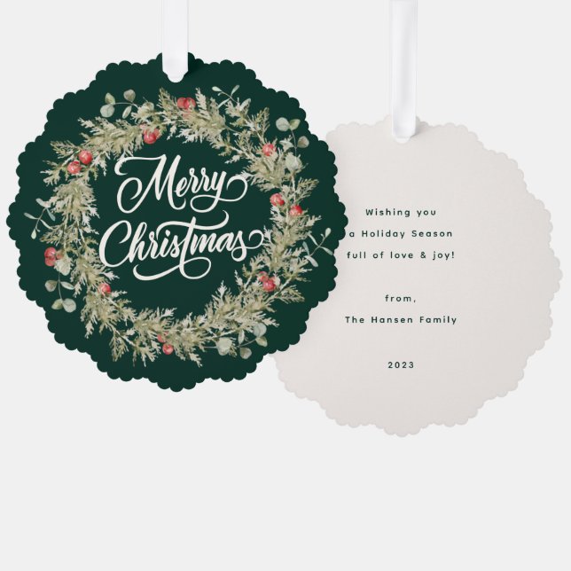 Merry Christmas Winter Wreath Ornament Card (Front/Back)
