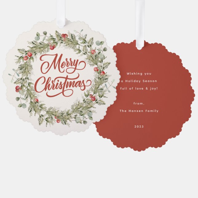 Merry Christmas Winter Wreath Ornament Card (Front/Back)