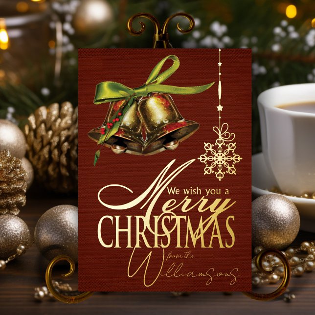 Merry Christmas Wishes Retro Xmas Card Gold Foil (elegant red and gold merry Christmas Holiday card personalized with family name )