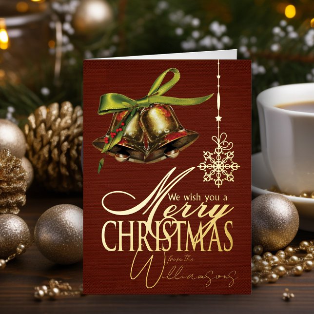 Merry Christmas Wishes Retro Xmas Card Gold Foil (Elegant vintage merry Christmas Card personalized holiday card with name)