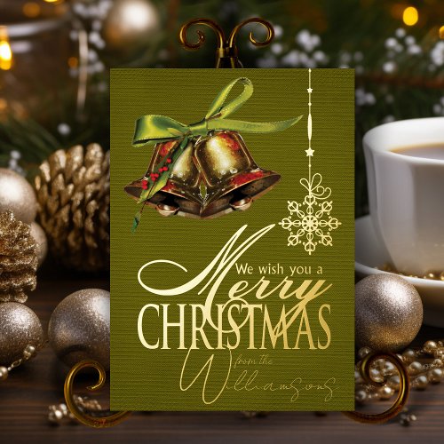 Merry Christmas Wishes Retro Xmas Card Gold Foil