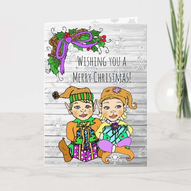 Merry Christmas Wishes Whimsical Elves Card (Front)