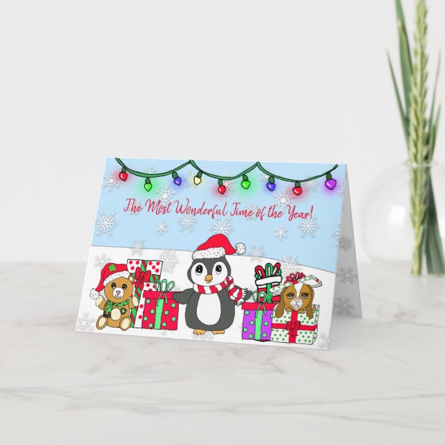 Merry Christmas Wishes Whimsical Penguin Card (Front)