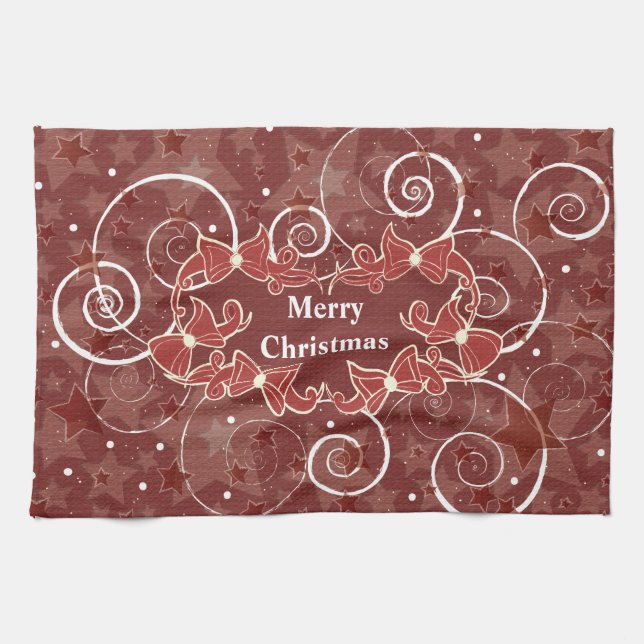 Merry Christmas wishes with bows and stars Kitchen Towel (Horizontal)