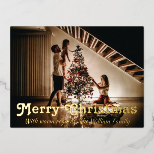 Merry Christmas Wishes with Your Family Photo Foil Holiday Postcard