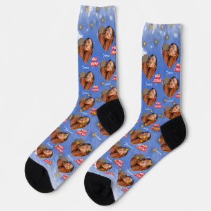 Merry Christmas with 1 Heart Photo and Name Blue Socks