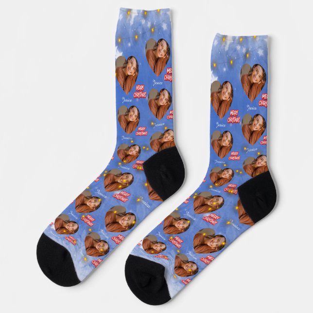 Merry Christmas with 1 Heart Photo and Name Blue Socks (Left)