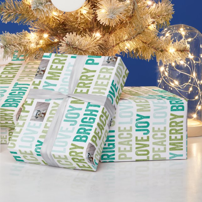 Merry Christmas with 1 Horizontal Photo White Wrapping Paper (Holidays)