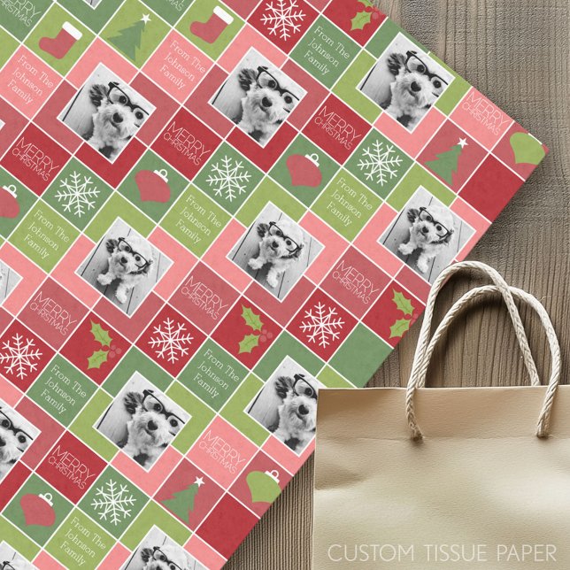 Merry Christmas with 2 Photos and Custom Greeting Tissue Paper (Custom Tissue Paper)