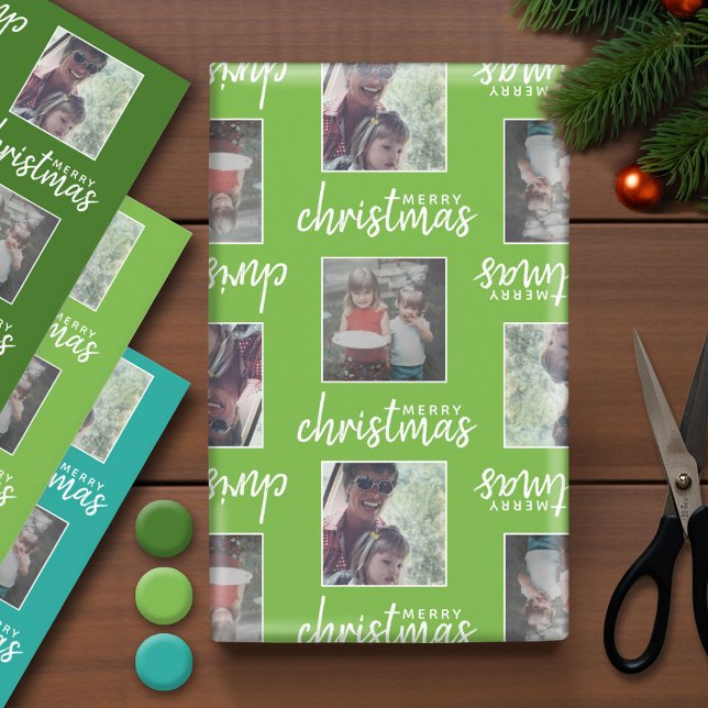 Merry Christmas with 2 Square Photos - blue green Wrapping Paper Sheets (Photo Wrapping Paper - Holiday and Christmas Theme)